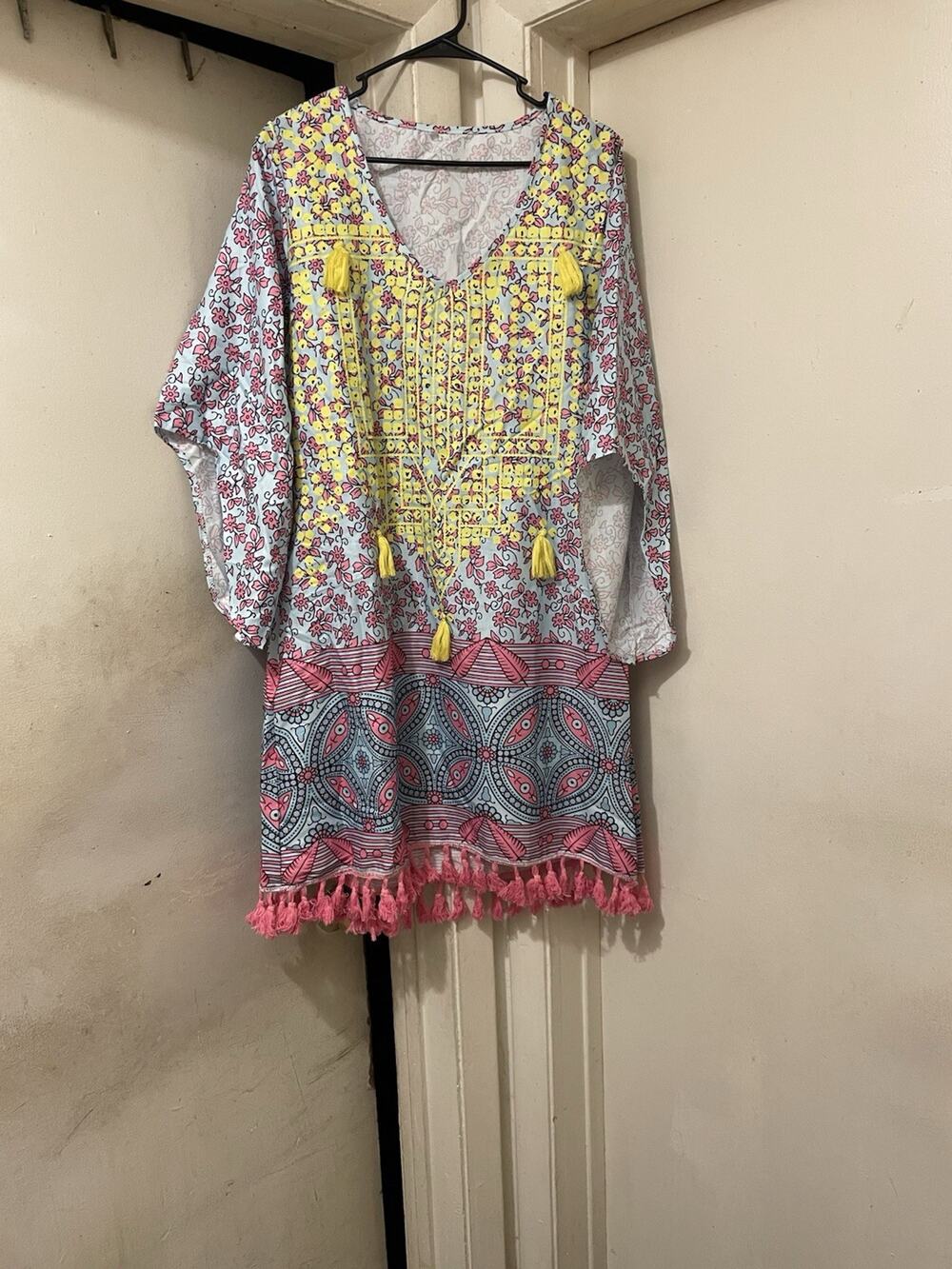 Women’s Boho Floral Tassel Tunic Dress XXL Pink Blue Beach Cover Up